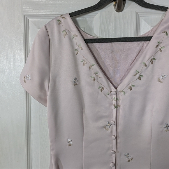 Vintage 80s David‎ Warren Floral Embroidered Baby Pink Satin Maxi Dress Size 12 - Picture 6 of 11